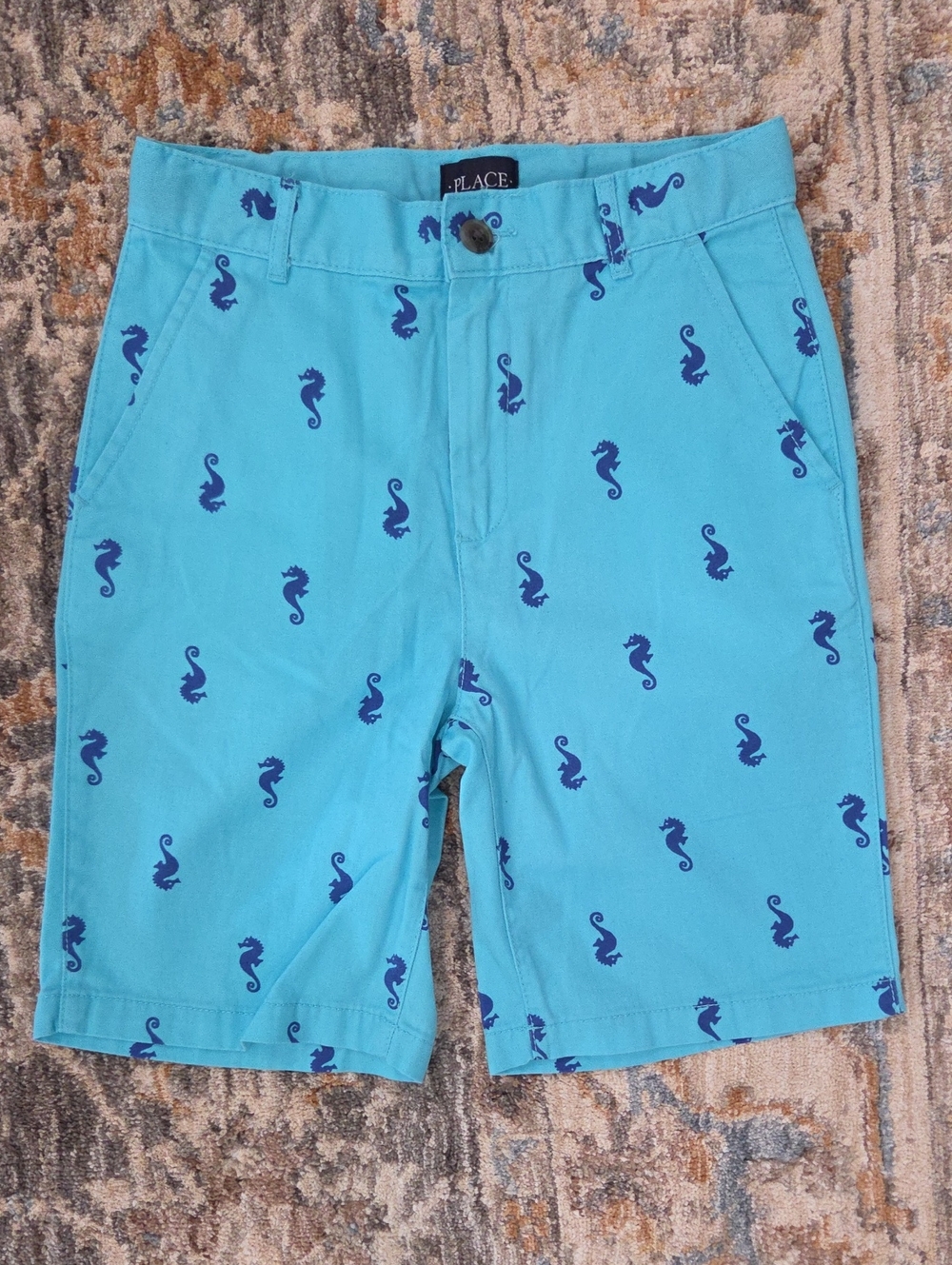 NEW The Children's Place Turquoise Shorts with Navy Seahorse Print
